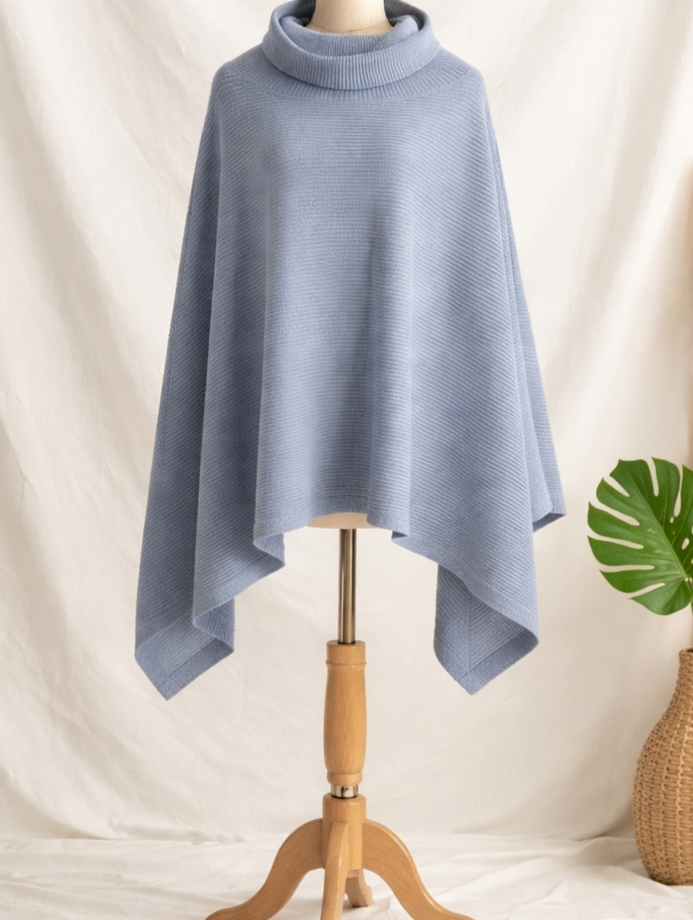 Snapdragon Blue Ribbed  Turtleneck Cashmere Puncho